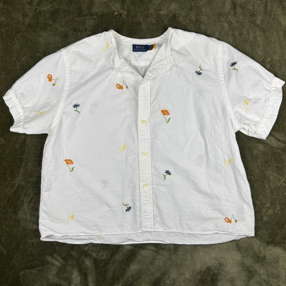 Polo Ralph Lauren White Floral Embroidered Band Collar Short Sleeve Shirt Small
